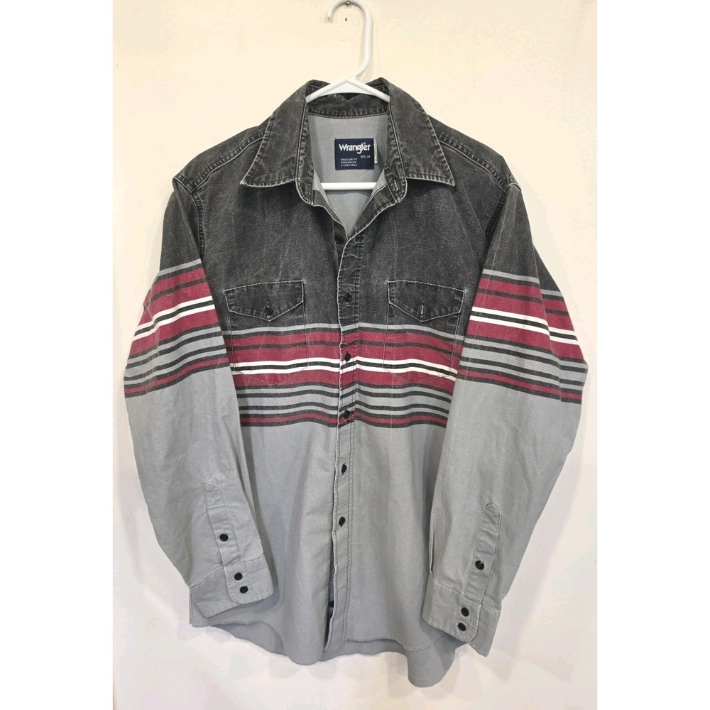 Vintage 90s Wrangler Brushpopper Button Down LG 16.5 34 Striped Cotton Canvas